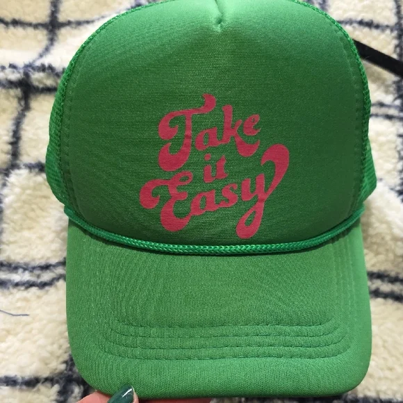 Take It Easy Green Pink Trucker Hat Unisex - Picture 1 of 6